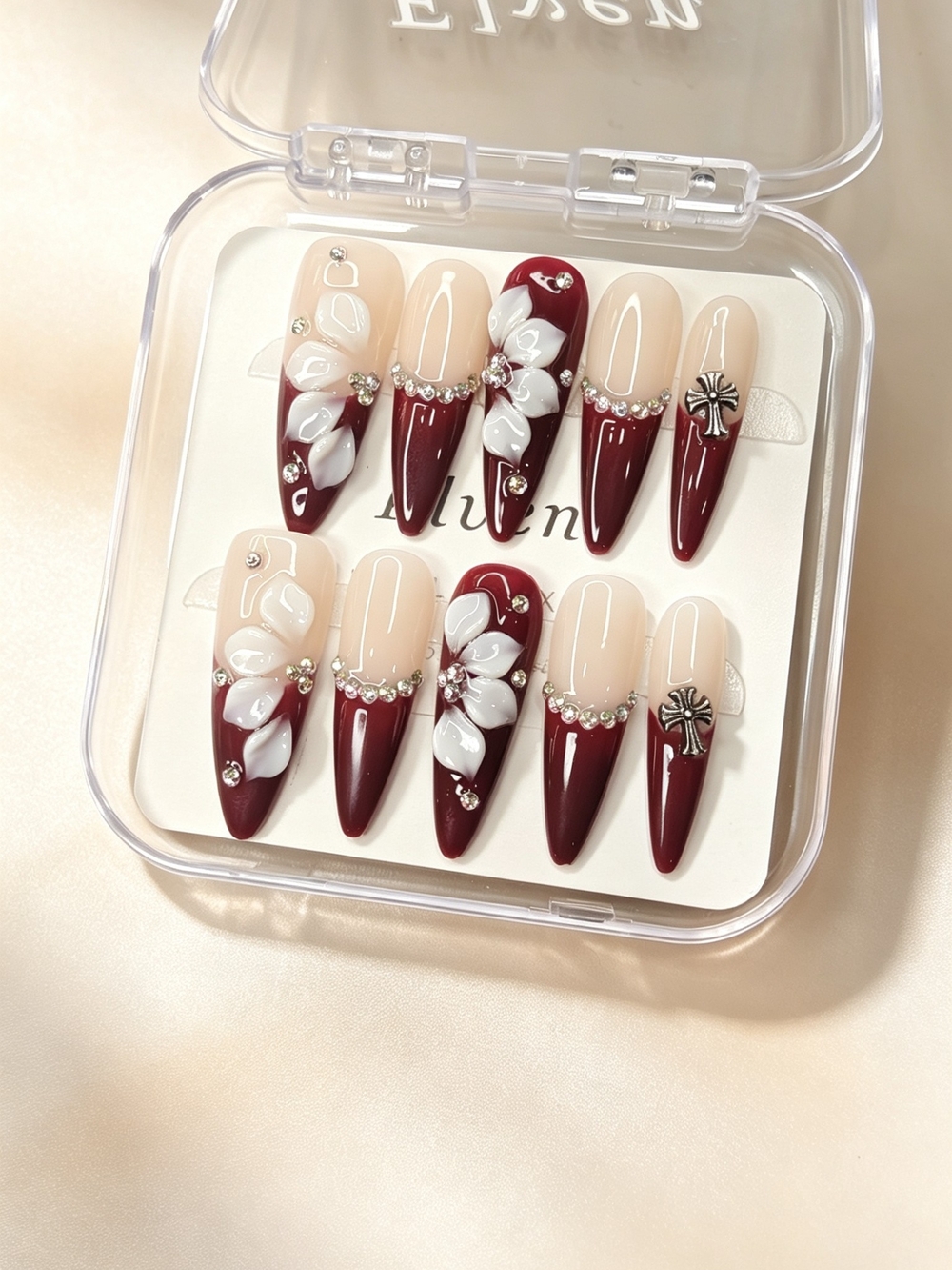 Nude Red French Tip Stiletto Press On Nails With 3D Flowers Crystals & Cross